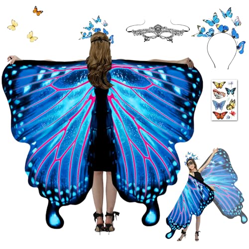 HILKKET Schmetterling Kostüm Damen, Schmetterlingsflügel Erwachsene, Schmetterling Umhang Damen, Karneval Kostüm Damen mit Schmetterling Haarreif, Damen Spitze Maske für Karneval, Fasching (E) von HILKKET