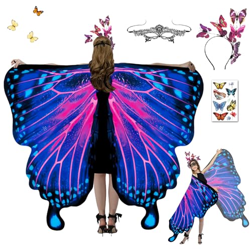 HILKKET Schmetterling Kostüm Damen, Schmetterlingsflügel Erwachsene, Schmetterling Umhang Damen, Karneval Kostüm Damen mit Schmetterling Haarreif, Damen Spitze Maske für Karneval, Fasching (F) von HILKKET
