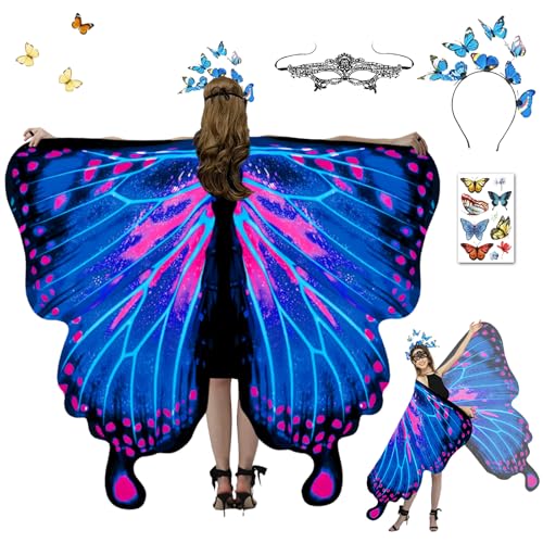 HILKKET Schmetterling Kostüm Damen, Schmetterlingsflügel Erwachsene, Schmetterling Umhang Damen, Karneval Kostüm Damen mit Schmetterling Haarreif, Damen Spitze Maske für Karneval, Fasching (G) von HILKKET