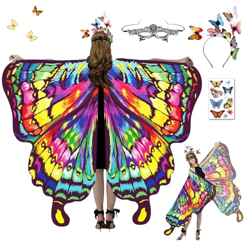 Schmetterling Kostüm Damen, Schmetterlingsflügel Erwachsene, Schmetterling Umhang Damen, Karneval Kostüm Damen mit Schmetterling Haarreif, Damen Spitze Maske für Karneval, Fasching (H) von HILKKET