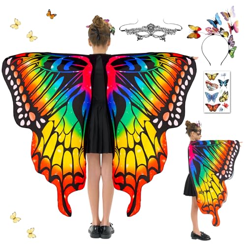HILKKET Schmetterling Sling Umhang für Kinder, 4 Pcs Schmetterlingsflügel für Mädchen Mit Schmetterlingsring Stirnband Schmetterling Flügel Kostüm, Feenflügel Prinzessin Party Elfen 136 x 105cm (A) HILKKET Schmetterling Sling Umhang für Kinder, 4 Pcs Schmetterlingsflügel für Mädchen Mit Schmetterlingsring Stirnband Schmetterling Flügel Kostüm, Feenflügel Prinzessin Party Elfen 136 x 105cm (A) von HILKKET
