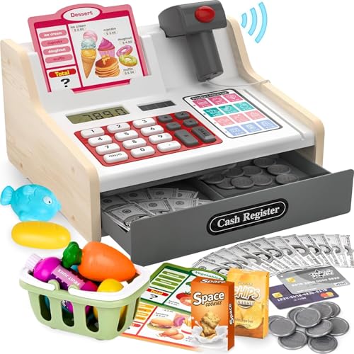 Kaufladen Holz Kinder mit Scanner & Sound, Spielkasse mit Einkaufswagen, Spielgeld & 40+ Zubehör für Rollenspiele Red von HILKKET