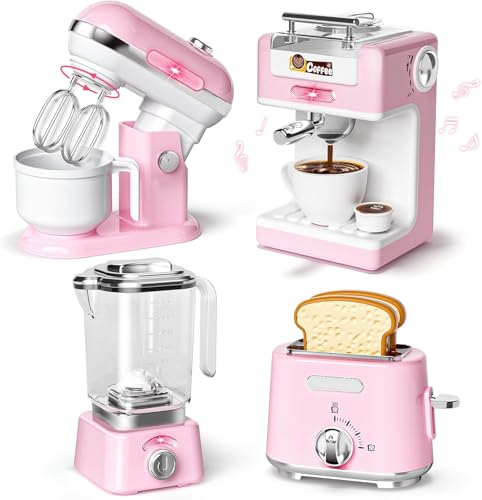 Kinderküche Zubehör Set - Inkl. Kinder Kaffeemaschine mit Sound & Lichtern, Mixer, Entsafter, Toaster, Obst, Geschirr und Schürze, Spielküche Zubehör Kinder (Rosa) von HILKKET