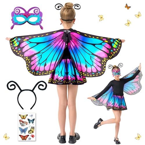 Schmetterling Sling Umhang für Kinder, 5 Pcs Schmetterlingsflügel für Mädchen Mit Maske, Tutu Rock, Tüllrock Haarreif Tattoos Schmetterling Flügel Kostüm, Feenflügel Prinzessin Elfen 117 x 47cm (D) Schmetterling Sling Umhang für Kinder, 5 Pcs Schmetterlingsflügel für Mädchen Mit Maske, Tutu Rock, Tüllrock Haarreif Tattoos Schmetterling Flügel Kostüm, Feenflügel Prinzessin Elfen 117 x 47cm (D) von HILKKET