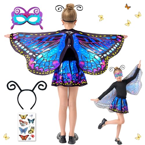 Schmetterling Sling Umhang für Kinder, 5 Pcs Schmetterlingsflügel für Mädchen Mit Maske, Tutu Rock, Tüllrock Haarreif Tattoos Schmetterling Flügel Kostüm, Feenflügel Prinzessin Elfen 117 x 47cm (C) Schmetterling Sling Umhang für Kinder, 5 Pcs Schmetterlingsflügel für Mädchen Mit Maske, Tutu Rock, Tüllrock Haarreif Tattoos Schmetterling Flügel Kostüm, Feenflügel Prinzessin Elfen 117 x 47cm (C) von HILKKET