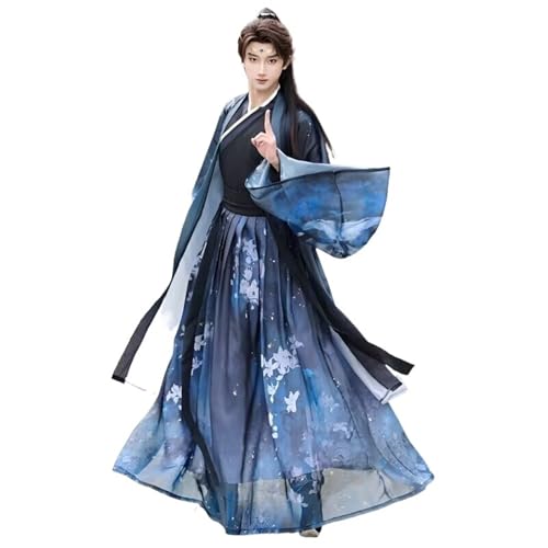 Große Größe 3XL Hanfu Männer Frauen Chinesisches Traditionelles Cosplay Kostüm Alte Hanfu Sets Männliches Halloween Cosplay Kostüm Hanfu Blau(Deep blue set,XXL) von HIMKSRE