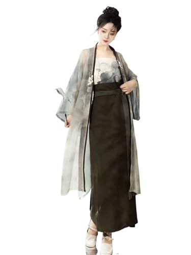 HIMKSRE 3-teiliges Set modernisiertes chinesisches altes Hanfu-Kleid for Damen, Party-Outfit, Sommer, bedruckt, kurzärmeliger Strickjacke, Wickelrock(XS) von HIMKSRE