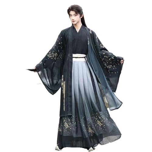 HIMKSRE Altes königliches Hanfu-Kleid-Set for Männer und Frauen aus der Weijin-Zeit, traditionelles Kreuzkragen-Kostüm, stilvolle Jungen und Mädchen, Cosplay-Kleidung(Black full set,XL) von HIMKSRE