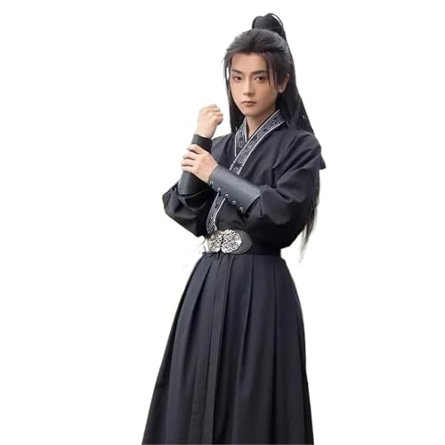 HIMKSRE Chinesische traditionelle Hanfu-Kleidung for Männer, alter Schwertkämpfer, Halloween, Cosplay-Kostüm, schwarzes Bühnen-Outfit, ethnisches Hanfu(Black 4 PCS,M) von HIMKSRE