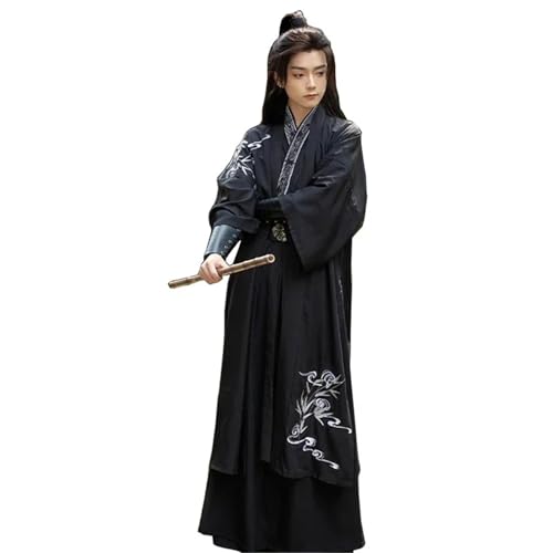 HIMKSRE Chinesische traditionelle Hanfu-Kleidung for Männer, alter Schwertkämpfer, Halloween, Cosplay-Kostüm, schwarzes Bühnen-Outfit, ethnisches Hanfu(Black 5 PCS,3XL) von HIMKSRE