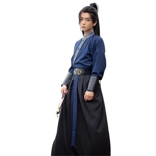 HIMKSRE Chinesische traditionelle Hanfu-Kleidung for Männer, alter Schwertkämpfer, Halloween, Cosplay-Kostüm, schwarzes Bühnen-Outfit, ethnisches Hanfu(Blue 4 PCS,XXL) von HIMKSRE