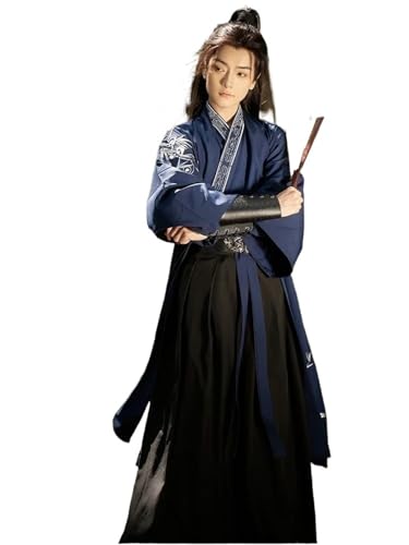 HIMKSRE Chinesische traditionelle Hanfu-Kleidung for Männer, alter Schwertkämpfer, Halloween, Cosplay-Kostüm, schwarzes Bühnen-Outfit, ethnisches Hanfu(Blue 5 PCS,M) von HIMKSRE