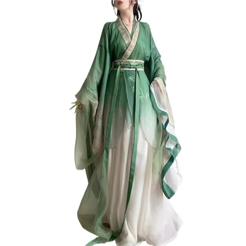 HIMKSRE Chinesisches Hanfu-Kleid, Kostüm for Damen, Karneval, Cosplay, Party, Outfit, uralt, traditionell, Vintage, Sommer, Bambus, Grün & Weiß(L) von HIMKSRE