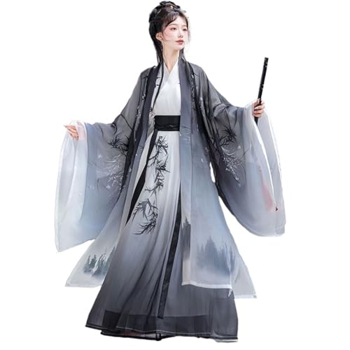 HIMKSRE Chinesisches Hanfu-Kleid for Damen, Cosplay-Kostüm, uraltes traditionelles Vintage-Song-Dynastie, Farbverlauf, Grau/Weiß, bedruckt, Sommer-Sets(Gradient Gray Set,M) von HIMKSRE