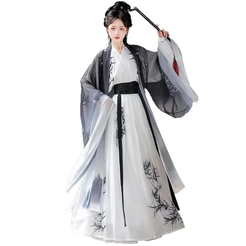 HIMKSRE Chinesisches Hanfu-Kleid for Damen, Cosplay-Kostüm, uraltes traditionelles Vintage-Song-Dynastie, Farbverlauf, Grau/Weiß, bedruckt, Sommer-Sets(Gradient White Set,M) von HIMKSRE