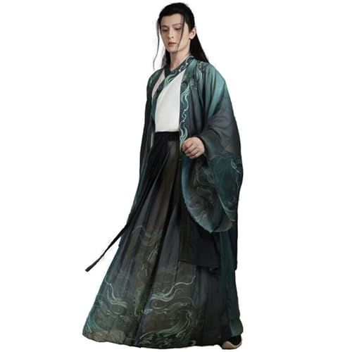 HIMKSRE Große Größe 2XL Hanfu Männer Chinesische Traditionelle Gedruckt Hanfu Männlichen Halloween Cosplay Kostüm Farbverlauf Weiß & Grün Hanfu 3 stücke Sets(Green 3pcs set,M) von HIMKSRE