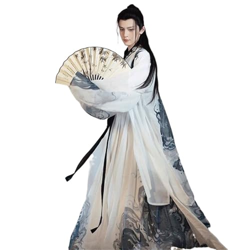 HIMKSRE Große Größe 2XL Hanfu Männer Chinesische Traditionelle Gedruckt Hanfu Männlichen Halloween Cosplay Kostüm Farbverlauf Weiß & Grün Hanfu 3 stücke Sets(White 3pcs set,L) von HIMKSRE