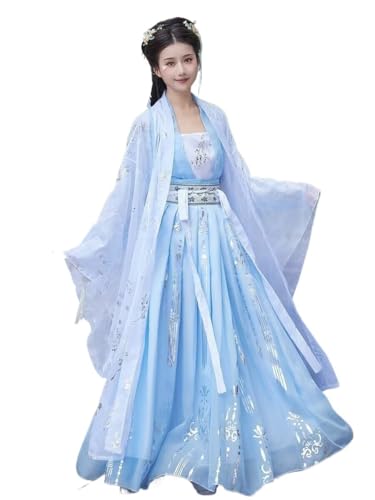 HIMKSRE Große Größe 3XL Chinesisches Hanfu-Kleid Frauen Karneval Fee Cosplay Kostüm Partykleid Vintage Tang-Dynastie(Blue 3pcs set,M) von HIMKSRE