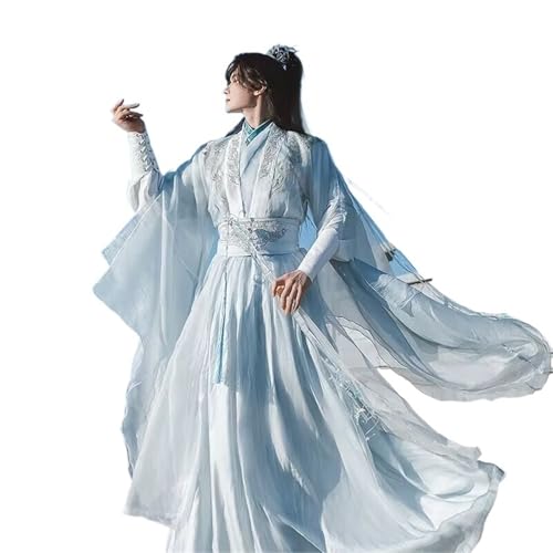 HIMKSRE Hanfu Herren Plus Größe 3XL Halloween Cosplay Kostüm Chinesische Traditionelle Antike Weiß-Blaue Kostüme(Light-blue set,M) von HIMKSRE