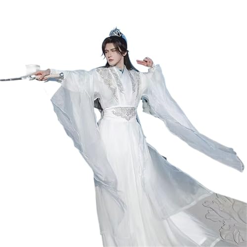 HIMKSRE Hanfu Herren Plus Größe 3XL Halloween Cosplay Kostüm Chinesische Traditionelle Antike Weiß-Blaue Kostüme(White set,M) von HIMKSRE