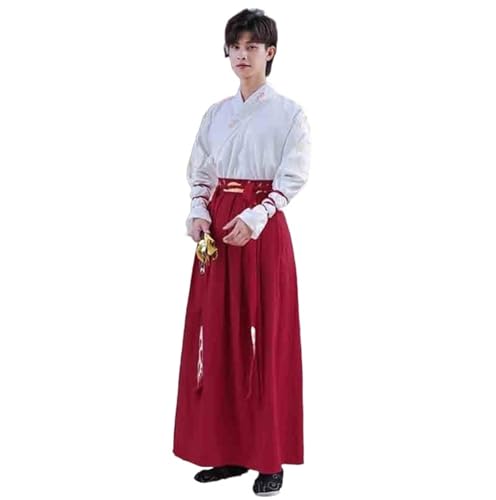 HIMKSRE Hanfu Männer Traditionelle Chinesische Stickerei Hanfu Kleid Männlichen Weihnachten Kostüm Rot & Schwarz Hanfu Jacke for Männer Plus Größe 3XL(2 pcs set,L) von HIMKSRE