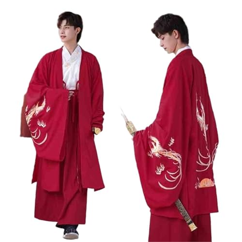 HIMKSRE Hanfu Männer Traditionelle Chinesische Stickerei Hanfu Kleid Männlichen Weihnachten Kostüm Rot & Schwarz Hanfu Jacke for Männer Plus Größe 3XL(Red full set,S) von HIMKSRE