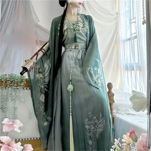 HIMKSRE Hanfu-Robe for Damen, chinesische Tradition, Vintage-Stil, Hanfu-Damen-Halloween-Cosplay-Kostüm, bedrucktes Hanfu-Grün, 3-teiliges Set(M) von HIMKSRE