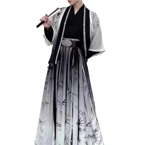 HIMKSRE Herren Plus Size 3XL Halloween Cosplay Kostüm Chinesisches Traditionelles Antikes Hanfu Print Bambus Grau & Schwarz 4-teiliges Set(S) von HIMKSRE