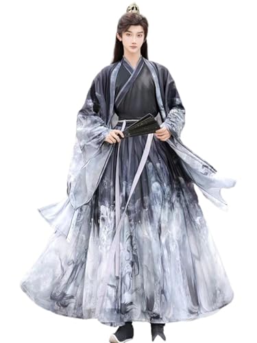 HIMKSRE Herren Traditionelles Chinesisches Hanfu-Tintenkostüm im Nationalstil im Kampfsport mit Kreuzkragen, Vintage, dünne Paare, Helden-Cosplay-Outfits(Black ink set,XL) von HIMKSRE