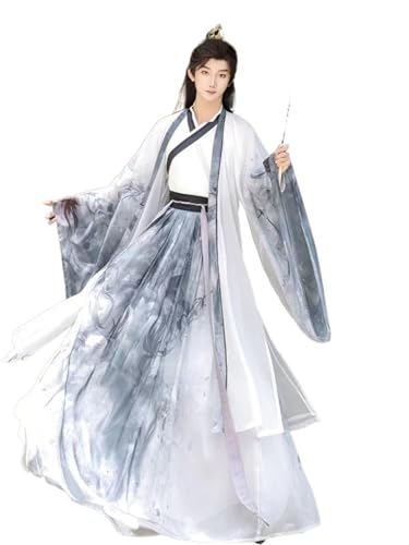 HIMKSRE Herren Traditionelles Chinesisches Hanfu-Tintenkostüm im Nationalstil im Kampfsport mit Kreuzkragen, Vintage, dünne Paare, Helden-Cosplay-Outfits(Gray ink set,XL) von HIMKSRE