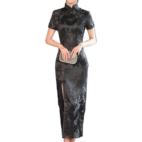 HIMKSRE Mandarin Kragen Kurzarm Disc Schnallen Dame Cheongsam Chinesischen Stil Stickerei Plum Blossom Print Split Qipao for Hochzeit(Black,M) von HIMKSRE