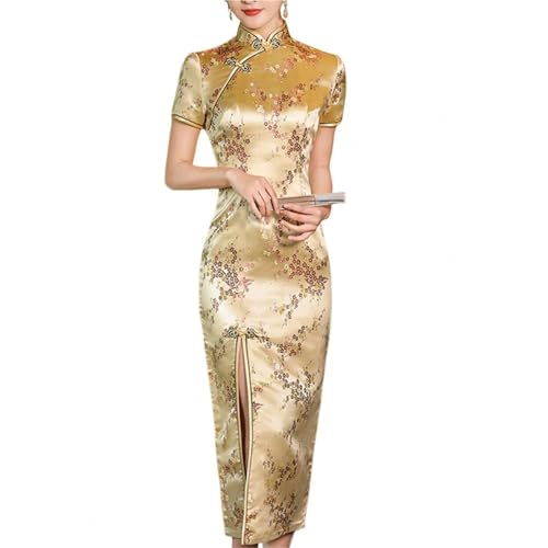 HIMKSRE Mandarin Kragen Kurzarm Disc Schnallen Dame Cheongsam Chinesischen Stil Stickerei Plum Blossom Print Split Qipao for Hochzeit(Golden,L) von HIMKSRE