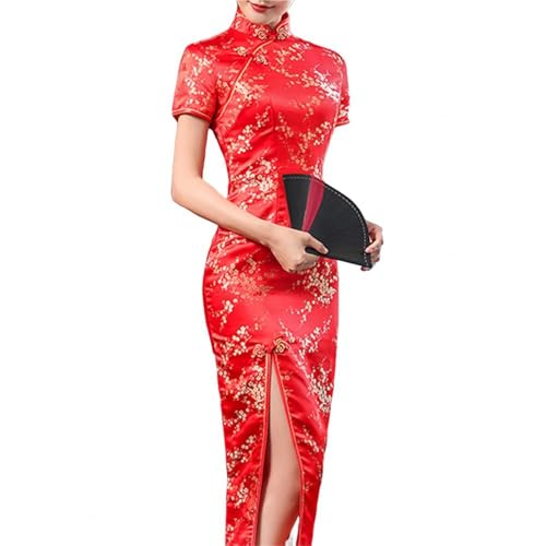 HIMKSRE Mandarin Kragen Kurzarm Disc Schnallen Dame Cheongsam Chinesischen Stil Stickerei Plum Blossom Print Split Qipao for Hochzeit(Red,XXL) von HIMKSRE