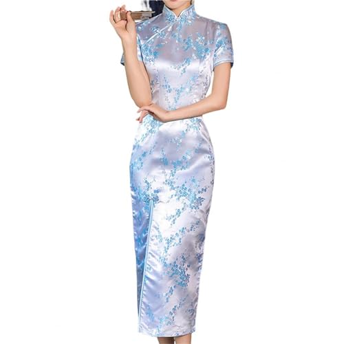 HIMKSRE Mandarin Kragen Kurzarm Disc Schnallen Dame Cheongsam Chinesischen Stil Stickerei Plum Blossom Print Split Qipao for Hochzeit(Sky Blue,M) von HIMKSRE