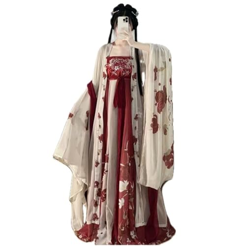 HIMKSRE Plus Size 4XL Hanfu-Kleid for Damen, übergroß, chinesische Tang-Dynastie, Vintage, bestickt, schwarz/rot, Kostüm, Party-Outfit(Beige red set,S) von HIMKSRE