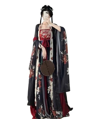 HIMKSRE Plus Size 4XL Hanfu-Kleid for Damen, übergroß, chinesische Tang-Dynastie, Vintage, bestickt, schwarz/rot, Kostüm, Party-Outfit(Black Black set,3XL) von HIMKSRE