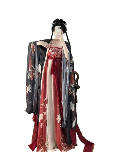 HIMKSRE Plus Size 4XL Hanfu-Kleid for Damen, übergroß, chinesische Tang-Dynastie, Vintage, bestickt, schwarz/rot, Kostüm, Party-Outfit(Black red set,4XL) von HIMKSRE