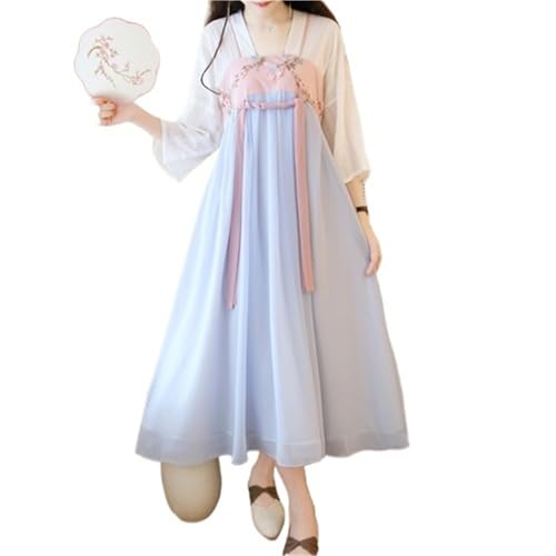 HIMKSRE Sommer Frauen im chinesischen Stil traditionelle alte Hanfu Chiffon Kleid Retro Fee Bühne Folk Dance Prinzessin Cosplay Kostüme Outfit(Blue,S) von HIMKSRE