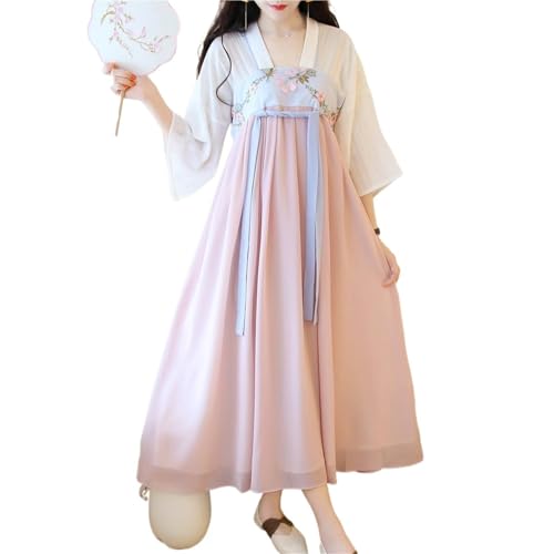 HIMKSRE Sommer Frauen im chinesischen Stil traditionelle alte Hanfu Chiffon Kleid Retro Fee Bühne Folk Dance Prinzessin Cosplay Kostüme Outfit(Pink,XXL) von HIMKSRE