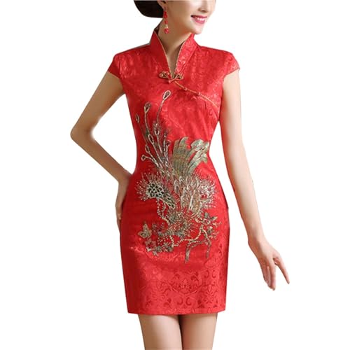 HIMKSRE Traditionelles chinesisches Cheongsam for Damen zur Hochzeit, schmal, kurzärmelig, Qipao, Größe XXL (rot)(M) von HIMKSRE