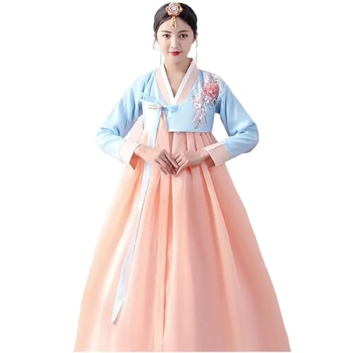 HIMKSRE Traditionelles koreanisches Hanbok-Damenkostüm, Aufführungstanz, ethnischer Stil, Hofkostüm-Set(Blue,L) von HIMKSRE