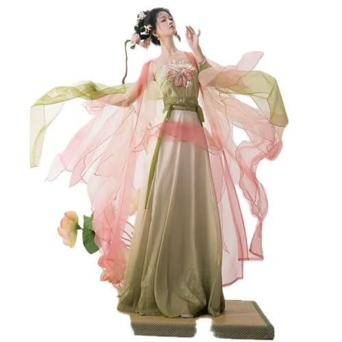 HIMKSRE Übergroßes 4XL Hanfu-Kleid for Damen, chinesisches altes besticktes Rosa & Grün, weibliches Halloween-Karnevals-Cosplay-Kostüm(4XL) von HIMKSRE