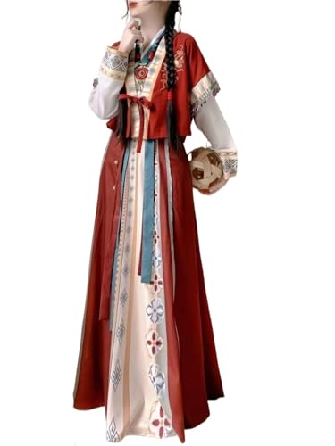 Hanfu 3 Stück Kleidung Set für Erwachsene, Chinesisches Traditionelles Kleid, Feminine Fee Cosplay Kostüm, Rot für Frauen Röcke (Short Sleeve 3Pcs,L) von HIMKSRE