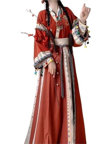 Hanfu 3-teiliges Kleidungsset für Erwachsene, traditionelles chinesisches Kleid, Feenkostüm, Cosplay, rot, für Damen, Röcke (langärmlig, 3 Stück, L) von HIMKSRE