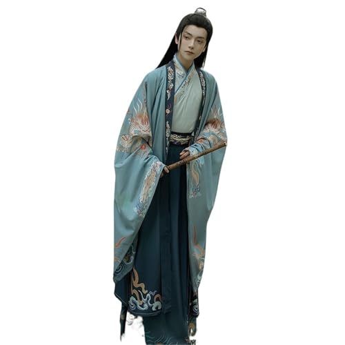 Hanfu-Set for Herren im chinesischen Stil mit Frühlingskreuzkragen und Druck, Wei-Jin-Stil, Studentenritter, große Ärmel, Bühnenauftritt(3-piece Blue Suit,XXL) von HIMKSRE