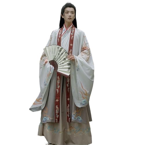 Hanfu-Set for Herren im chinesischen Stil mit Frühlingskreuzkragen und Druck, Wei-Jin-Stil, Studentenritter, große Ärmel, Bühnenauftritt(3-piece Yellow Suit,M) von HIMKSRE