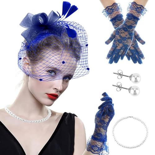 HINAYOSAN Flapper-Kostüm für Damen, Fascinator, Kopfbedeckung, Handschuhe, Kostüm-Set für Pferderennen, Hochzeit, Party, Teaparty, Rollenspiel, Accessoire, Fascinator, Kopfbedeckung von HINAYOSAN