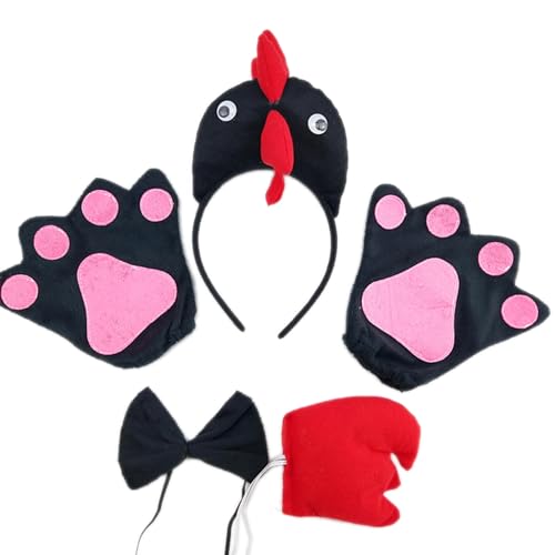 HINAYOSAN Hühner-Kostüm, Cosplay-Set, Tier-Kopfbedeckung, Fliege, Schwanz, Handschuhe, Haarreif, Hahn, Stirnbänder, Partyzubehör für Kinder, Black Chicken Three HINAYOSAN Hühner-Kostüm, Cosplay-Set, Tier-Kopfbedeckung, Fliege, Schwanz, Handschuhe, Haarreif, Hahn, Stirnbänder, Partyzubehör für Kinder, Black Chicken Three von HINAYOSAN