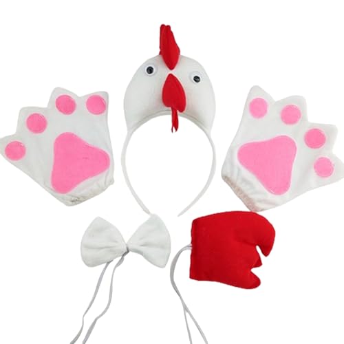 HINAYOSAN Hühner-Kostüm, Cosplay-Set, Tier-Kopfbedeckung, Fliege, Schwanz, Handschuhe, Haarreif, Hahn, Stirnbänder, Partyzubehör für Kinder, White Chicken Three HINAYOSAN Hühner-Kostüm, Cosplay-Set, Tier-Kopfbedeckung, Fliege, Schwanz, Handschuhe, Haarreif, Hahn, Stirnbänder, Partyzubehör für Kinder, White Chicken Three von HINAYOSAN