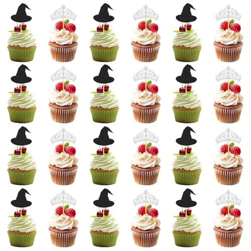 24-teilige Cupcake-Dekorationen, Hexen- und Kronen-Pappbecherhut-Ornament, böses Partydekor-Zubehör, Cupcake-Topper-Dessert-Dekorationszubehör, geeignet für Themenparty-Events von HINGTAI